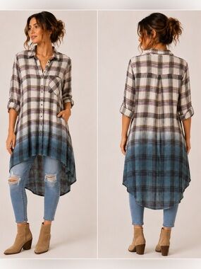 Aratta Silent Journey Plaid Tunic Dress High Low Ombre Boho Western Vintage Feel